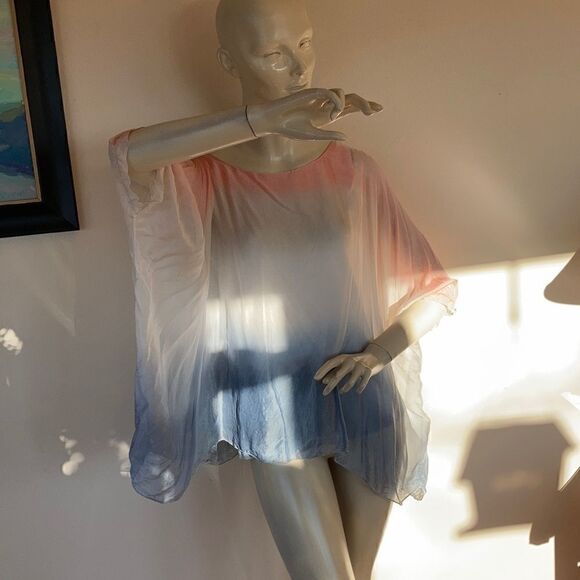 Vintage sheer Blouse Peach Fuzz Blue silk two piece layered Ombré Top size Small - Picture 10 of 16